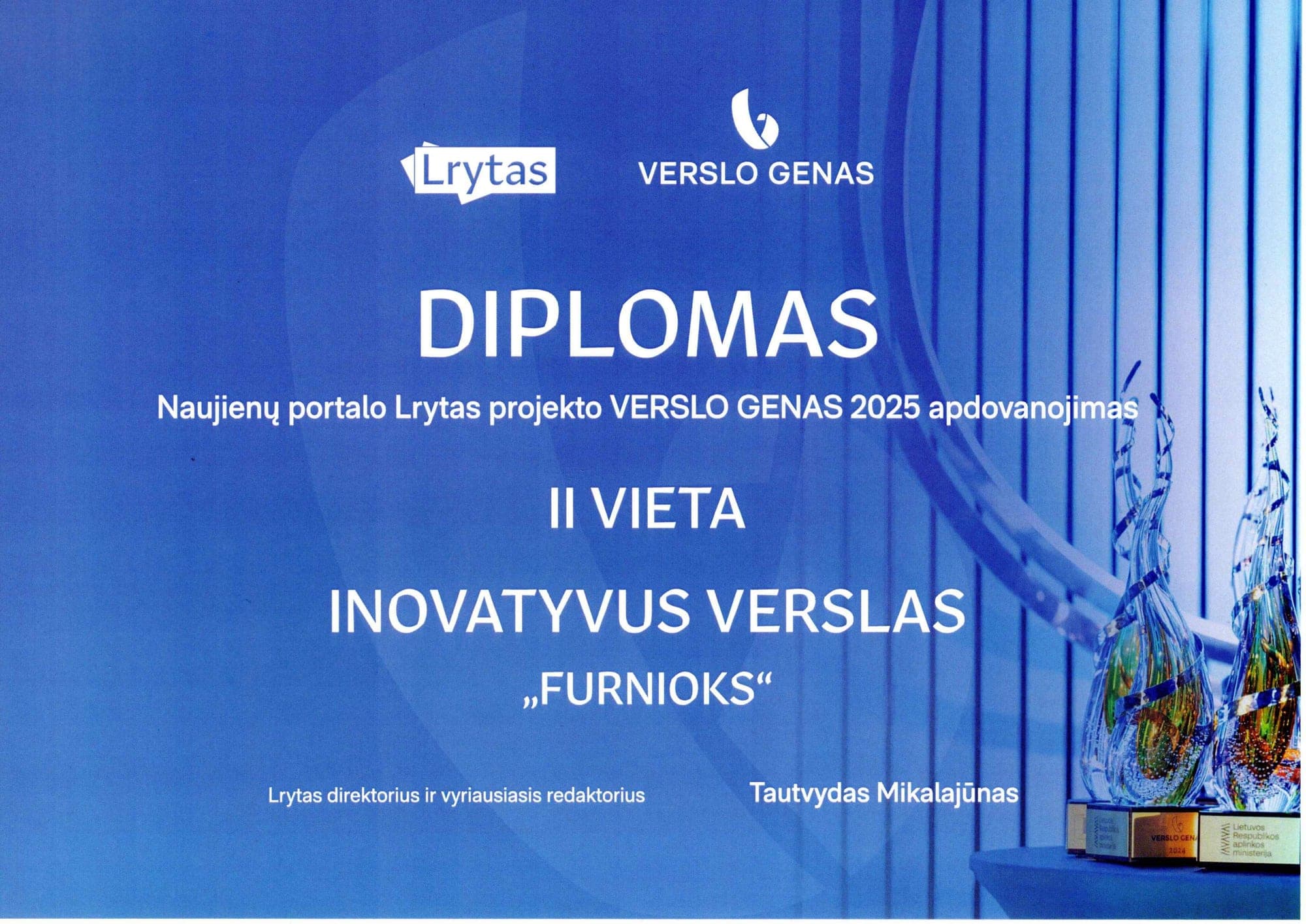 Verslo Genas Balva 2025 diploms — 2. vieta, Inovatīvs Bizness, piešķirts FurniOx (Ziņu portāls Lrytas)