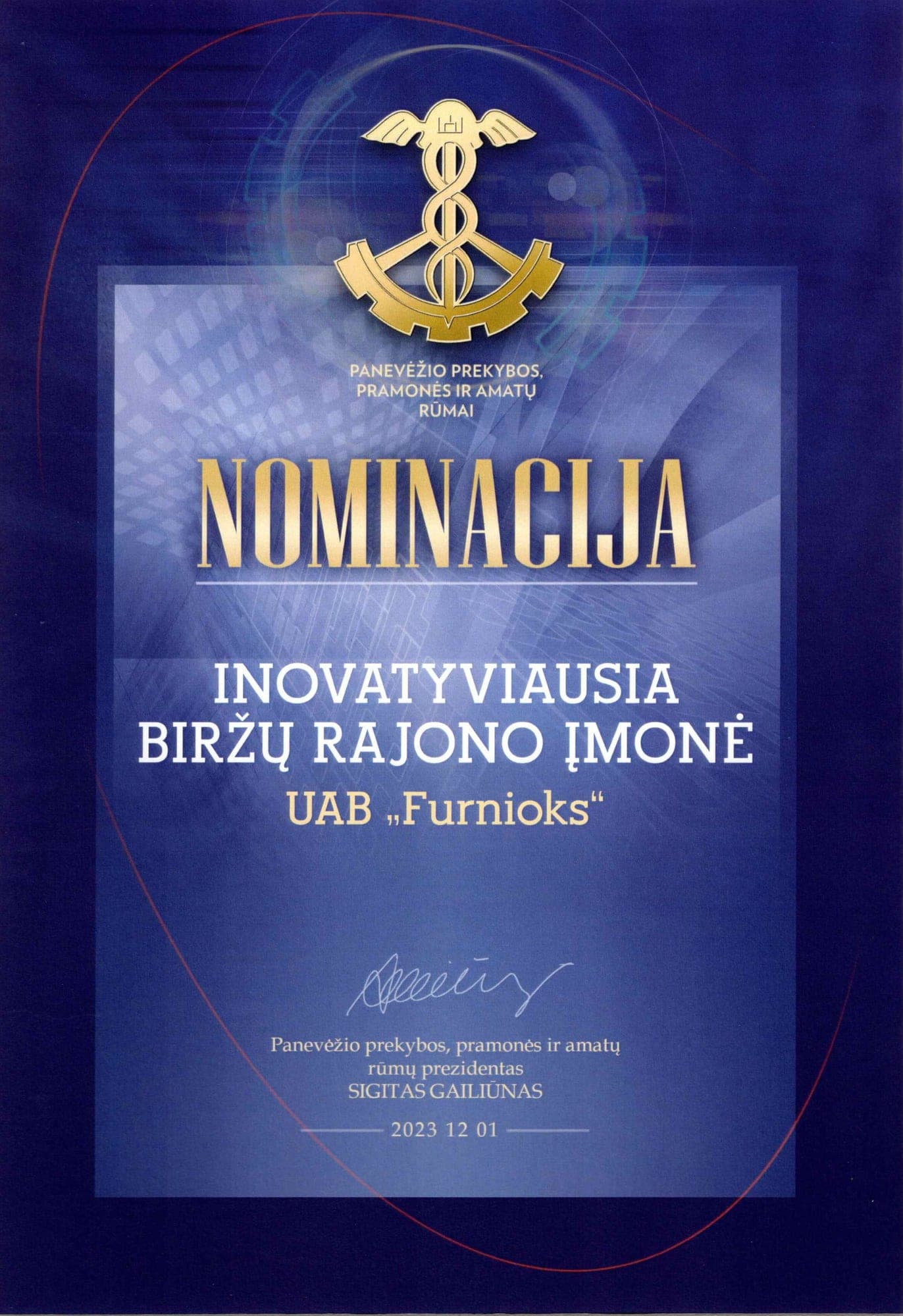 Tirdzniecības kameras balva 2023 diploms — Inovatīvākais uzņēmums Biržu rajonā, piešķirts FurniOx (Panevēžas Tirdzniecības, rūpniecības un amatniecības palāta)